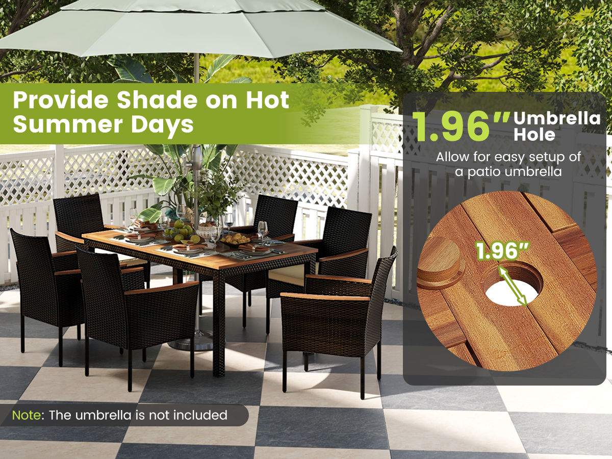 7 Pieces Rattan Patio Dining Set with Stackable Chairs and Umbrella Hole